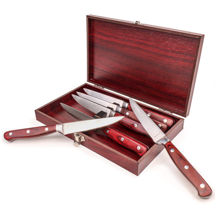 Image 3 of Pakka Wood 7pc Stainless Steel Steak Knife Set with Wood Case