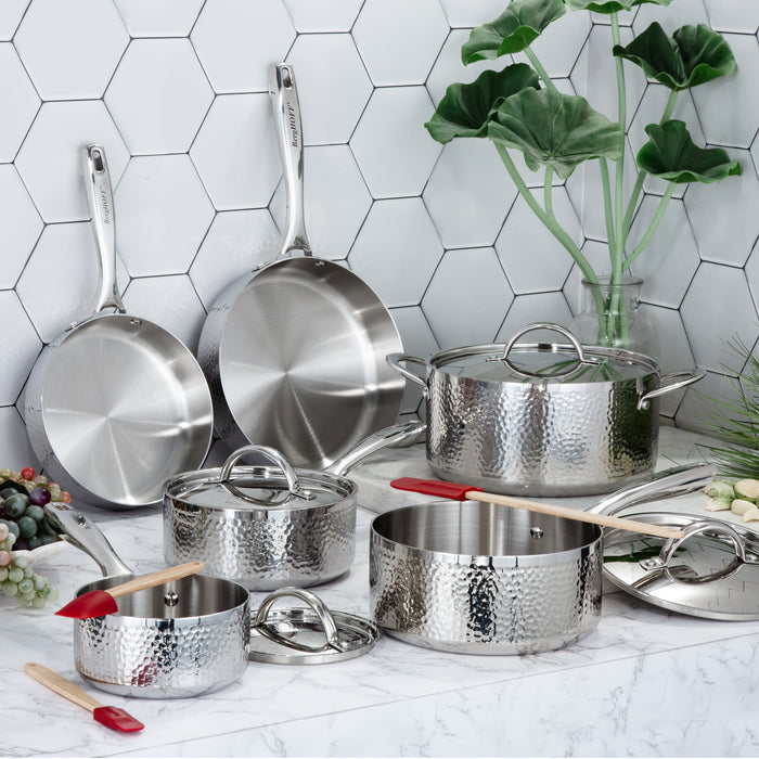 Image 9 of Vintage 13pc Tri-Ply 18/10 Stainless Steel Cookware with Spatulas Set, SS Lids, Hammered