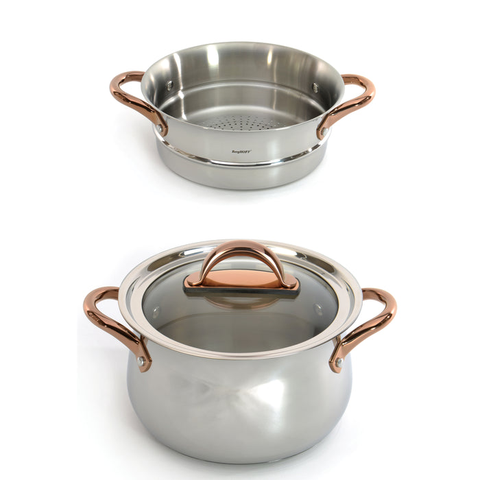 Image 1 of Ouro Gold 3pc 18/10 Stainless Steel Steamer Set, Glass Lid, Rose Gold Handles