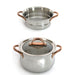 Image 1 of Ouro Gold 3pc 18/10 Stainless Steel Steamer Set, Glass Lid, Rose Gold Handles