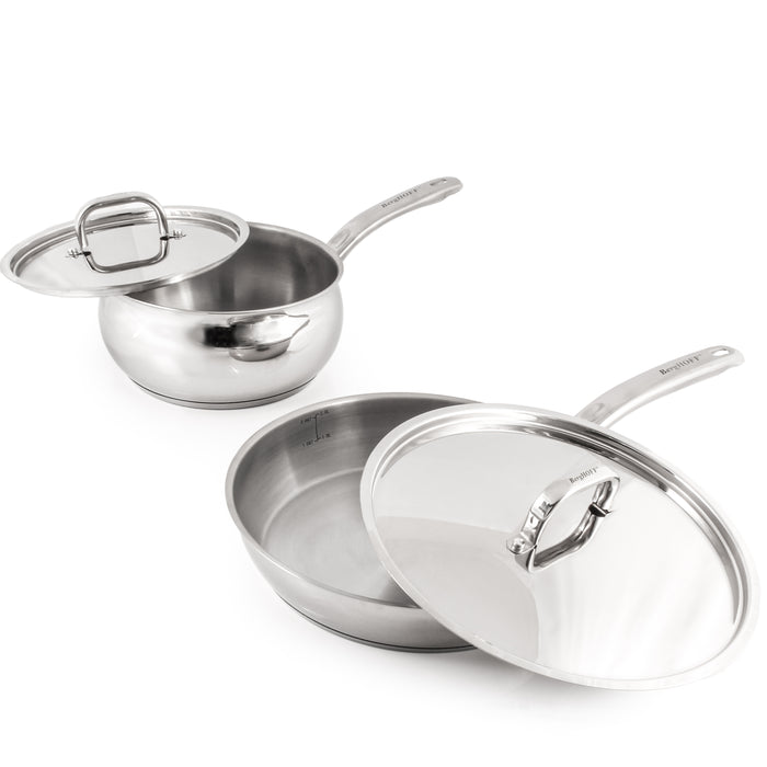 Image 2 of Shopberghoff Belly Shape 3pc 18/10 Stainless Steel Skillet & Saucepan Cookware Set with SS Lids