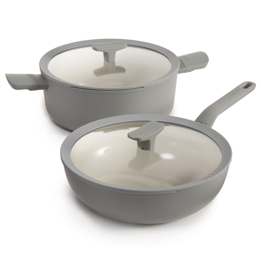 Image 1 of Shopberghoff Balance 4Pc Non-stick Ceramic Stockpot and Wok Pan Set With Glass Lids, Recycled Aluminum, CeraGreen, Moonmist