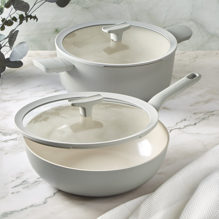Image 2 of Shopberghoff Balance 4Pc Non-stick Ceramic Stockpot and Wok Pan Set With Glass Lids, Recycled Aluminum, CeraGreen, Moonmist