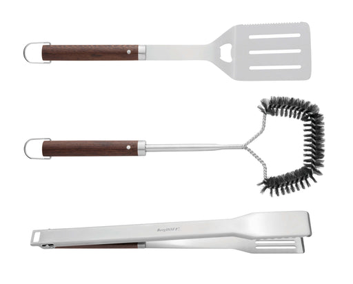 Image 1 of Essentials BBQ Set with Wood Handles Tongs, Spatula and Brush (3-Pieces)