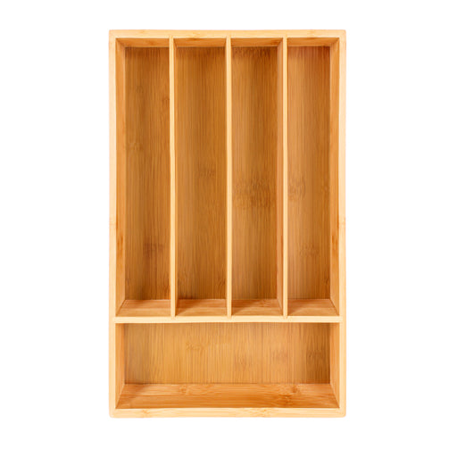 Image 1 of 5-Slot Flatware Organizer Features 5 built-in dividers to sort and organize place setting pieces; can be used in the kitchen for fork, spoon, knife, and gadget organization. All the right spaces for flatware in renewable bamboo. Designed to fit al