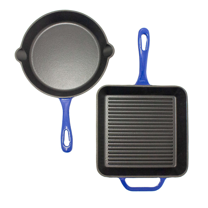 Image 1 of 2Pc Enamel Cast Iron 10" Fry Pan & 10" Grill Pan Set, Blue