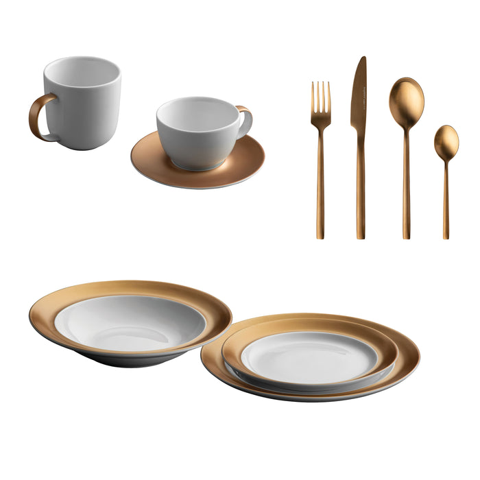 Image 1 of Gem 40pc Dinnerware & Flatware Set, White & Gold