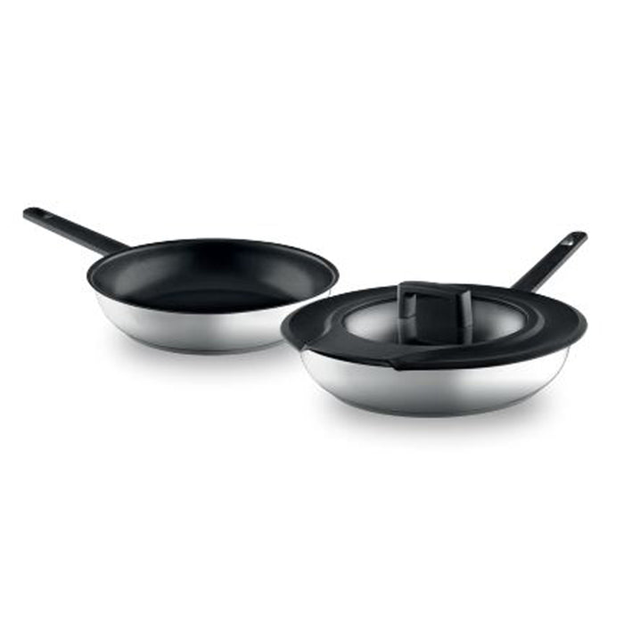 Image 1 of GEM 3Pc Downdraft 18/10 Stainless Steel Fry Pan Set, Black Handles