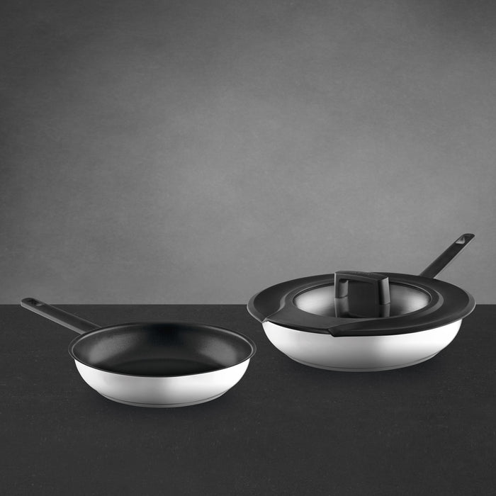 Image 5 of GEM 3Pc Downdraft 18/10 Stainless Steel Fry Pan Set, Black Handles