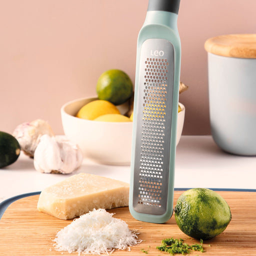 Image 2 of LEO Sharp Stainless Steel Blade Zester Rasp Grater 12" with Protective Sleeve, Green & Gray