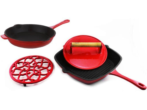 Image 1 of Cast Iron Set 4pc Red (10" Fry Pan, 11" Grill Pan, Steak Press, Apple Trivet)