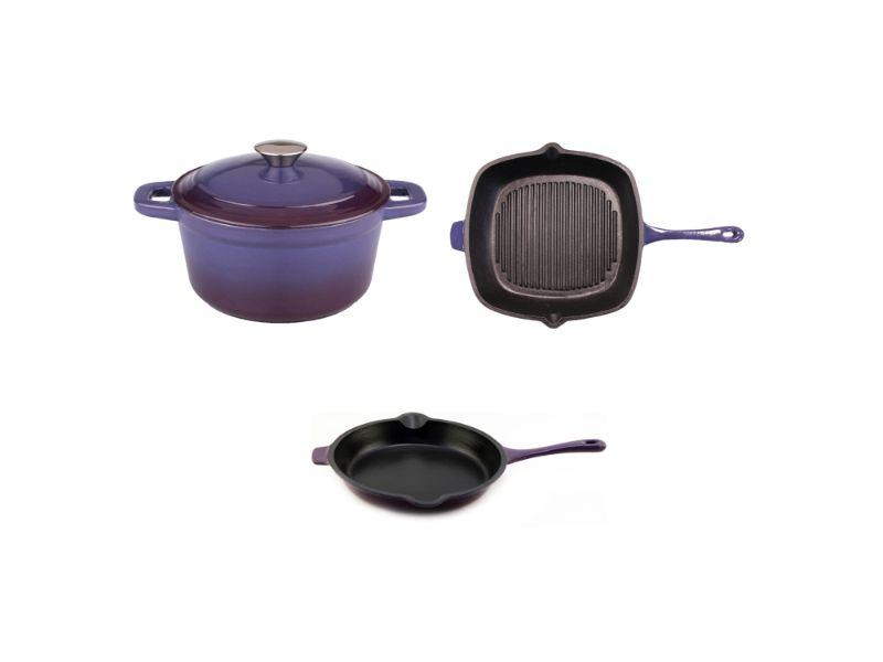 Image 1 of Neo Cast Iron Set 3pc Purple (3qt Cast Iron Covered Stockpot, 10" Cast Iron Fry Pan, 11" Cast Iron Grill Pan)