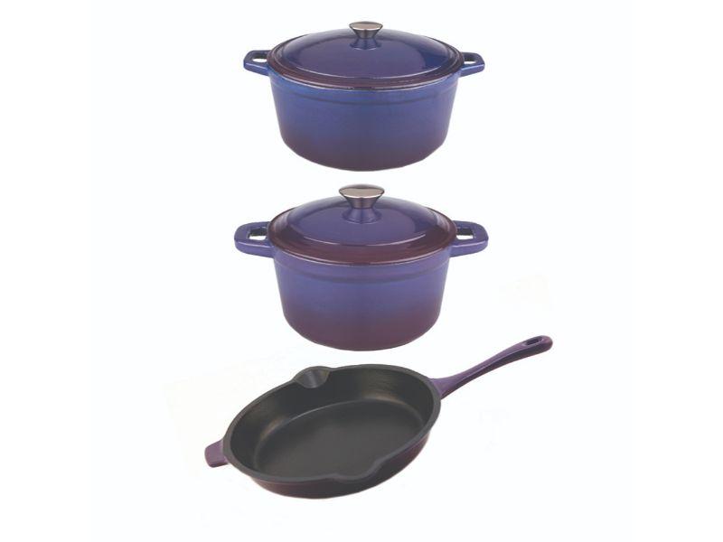 Image 1 of Neo Cast Iron Set 5pc Purple (3qt Cast Iron Covered Stockpot, 5qt Cast Iron Covered Dutch Oven, 10" Cast Iron Fry Pan)
