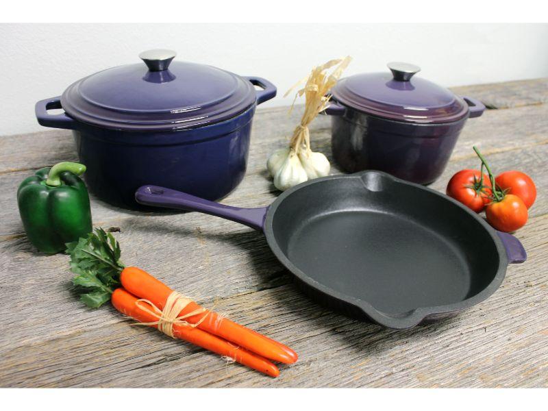 Image 3 of Neo Cast Iron Set 5pc Purple (3qt Cast Iron Covered Stockpot, 5qt Cast Iron Covered Dutch Oven, 10" Cast Iron Fry Pan)