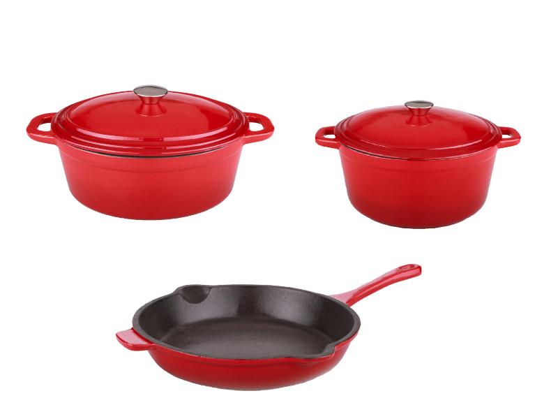 Image 1 of Neo 5Pc Cast Iron Set, 5Qt Covered Dutch Oven, 8Qt Covered Dutch Oven, & 10" Fry Pan, Red