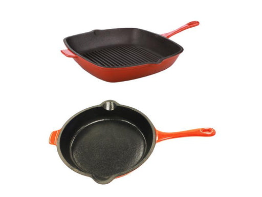Image 1 of Neo 2pc Cast Iron Set, 10" Fry Pan & 11" Grill Pan, Orange